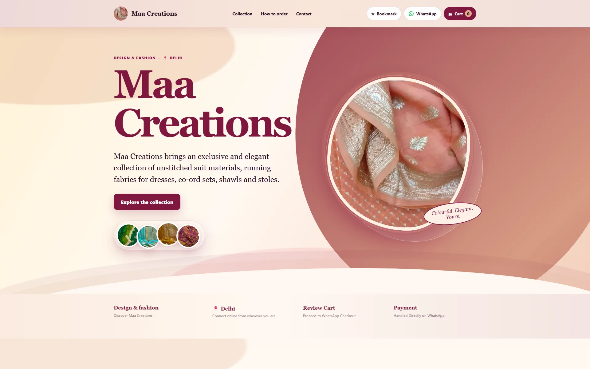 Home screen of the Maa Creations website, showing its fashion collection hero