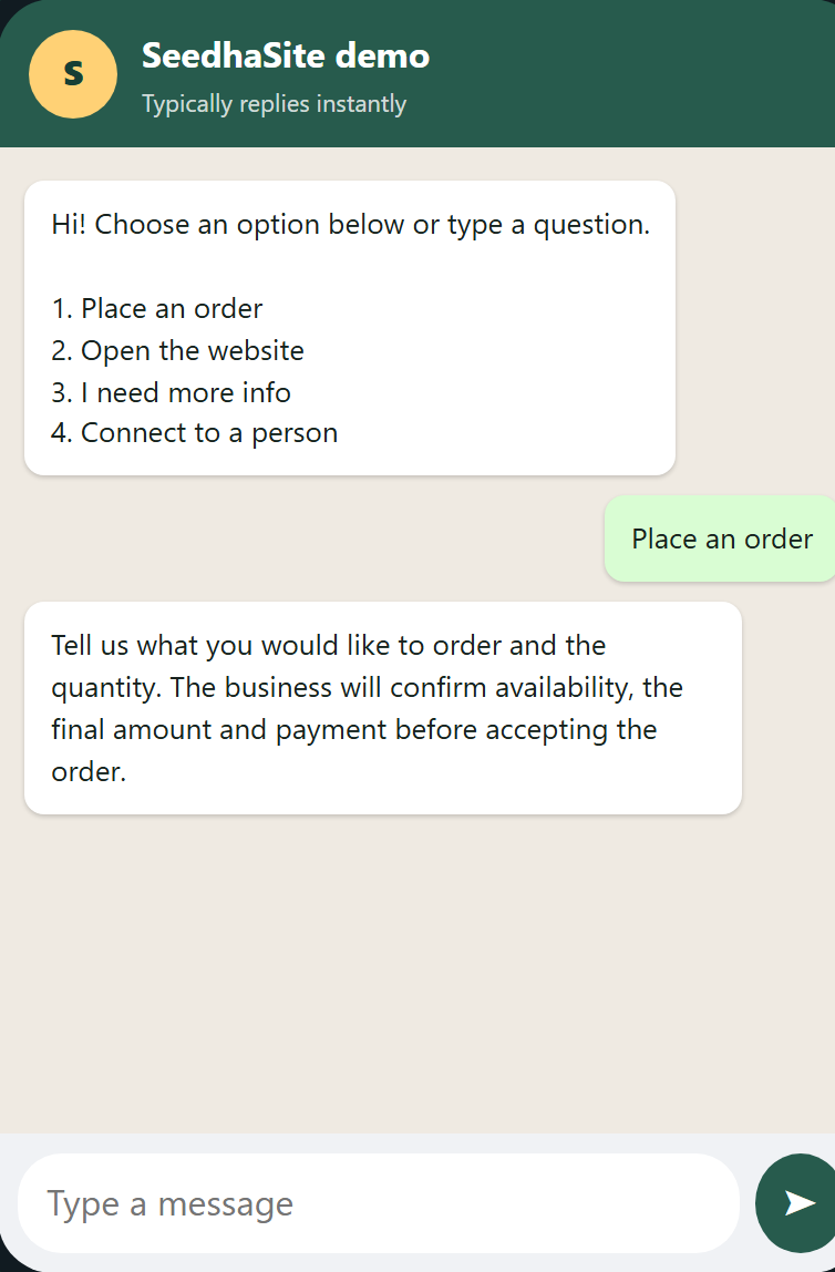 SeedhaSite WhatsApp chatbot conversation preview